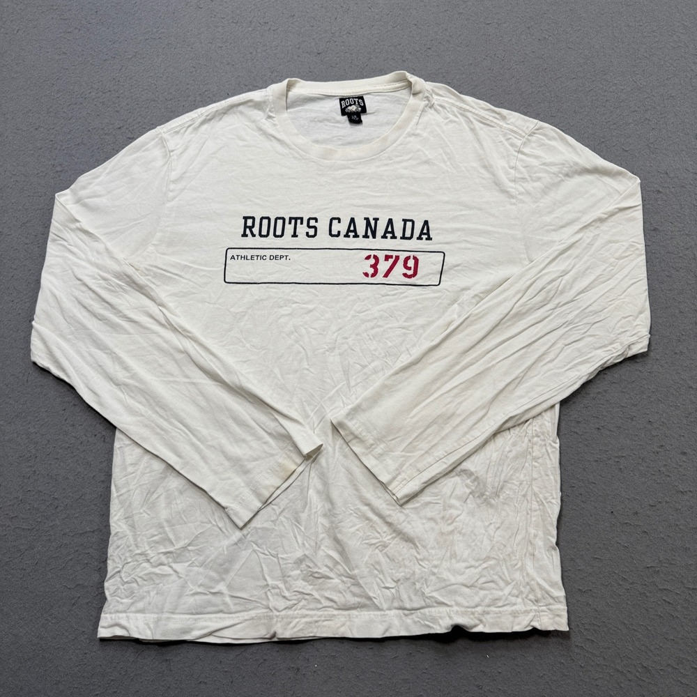 Roots Canada T-Shirt Men's Large White Athletic Dept 379 Long Sleeve Athleisure